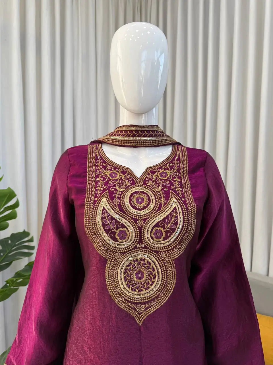 Wine Heavy Fendy Silk Embroidered Sharara Suit Set with Thread Sequins Dupatta | Festive Party Wear