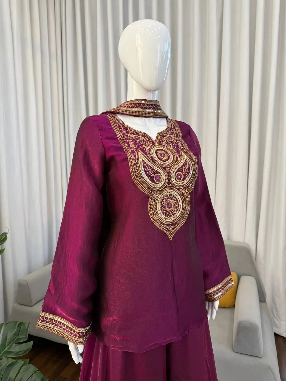 Wine Heavy Fendy Silk Embroidered Sharara Suit Set with Thread Sequins Dupatta | Festive Party Wear