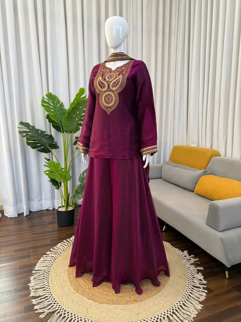 Wine Heavy Fendy Silk Embroidered Sharara Suit Set with Thread Sequins Dupatta | Festive Party Wear