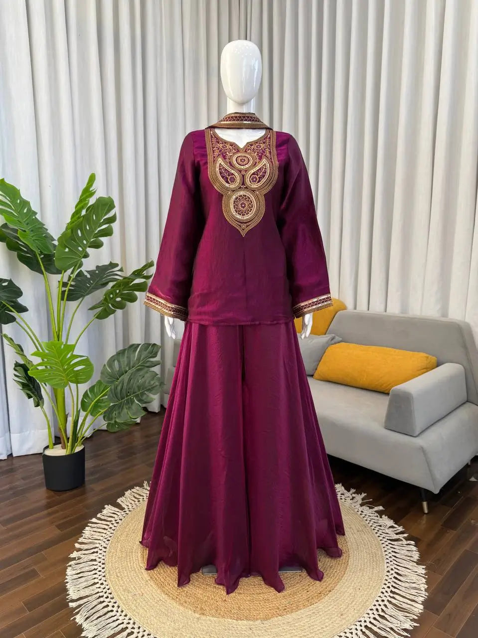 Wine Heavy Fendy Silk Embroidered Sharara Suit Set with Thread Sequins Dupatta | Festive Party Wear