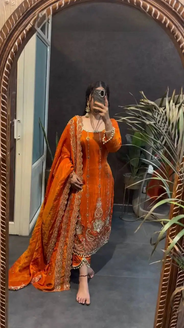 Wine Heavy Fendy Silk Embroidered Sharara Suit Set with Thread Sequins Dupatta | Festive Party Wear