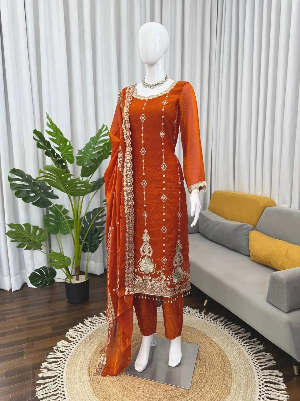 Wine Heavy Fendy Silk Embroidered Sharara Suit Set with Thread Sequins Dupatta | Festive Party Wear