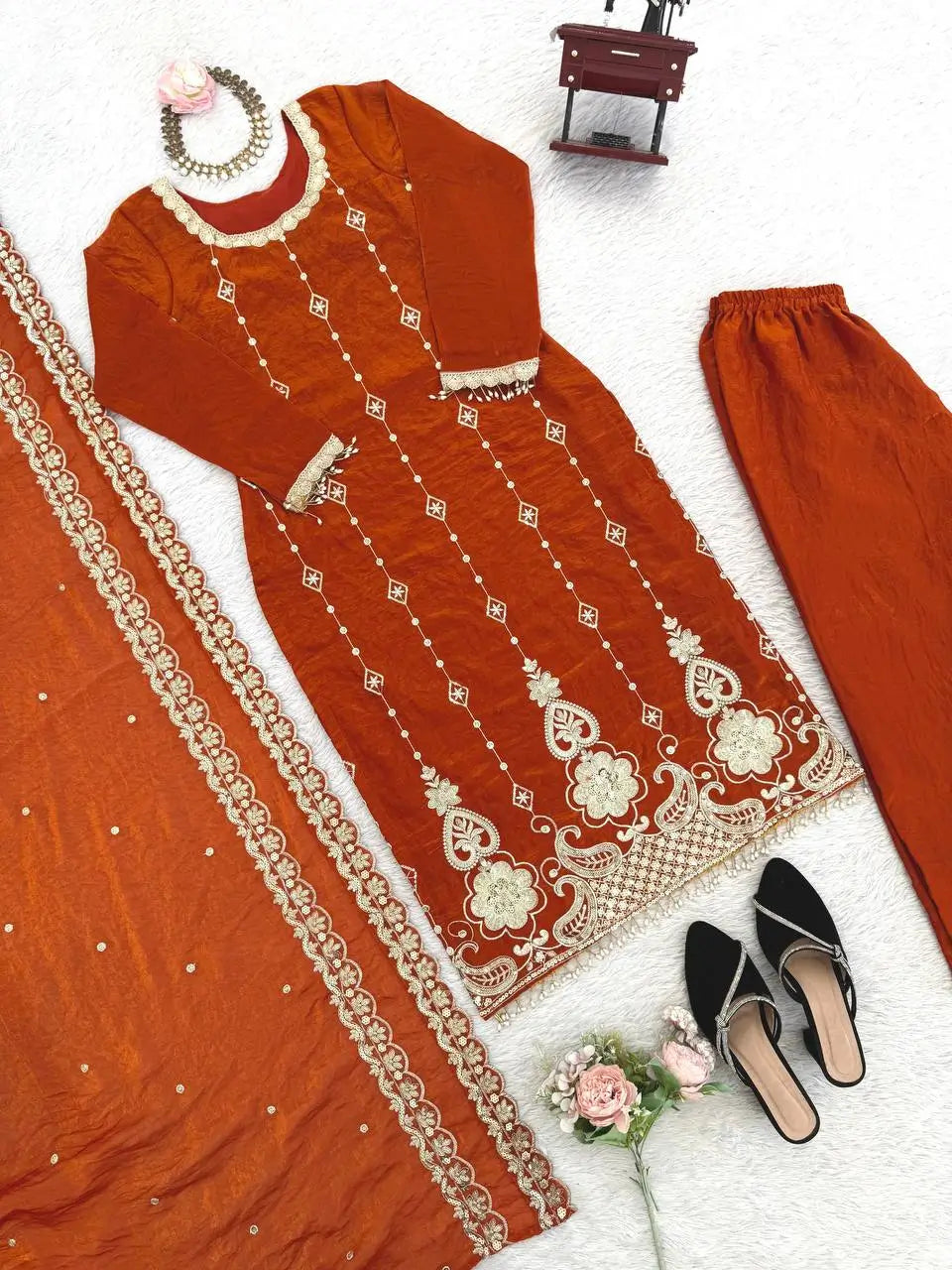 Wine Heavy Fendy Silk Embroidered Sharara Suit Set with Thread Sequins Dupatta | Festive Party Wear