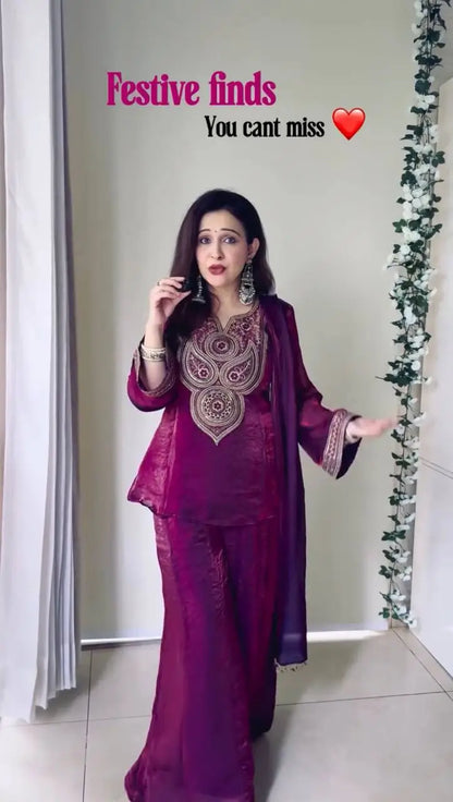 Wine Heavy Fendy Silk Embroidered Sharara Suit Set with Thread Sequins Dupatta | Festive Party Wear