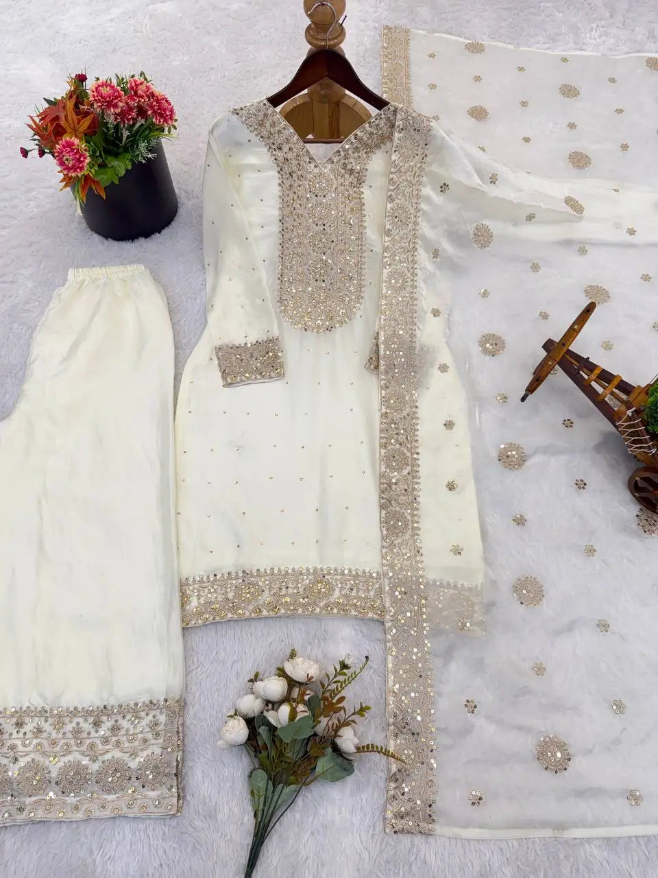 Wine Heavy Fendy Silk Embroidered Sharara Suit Set with Thread Sequins Dupatta | Festive Party Wear