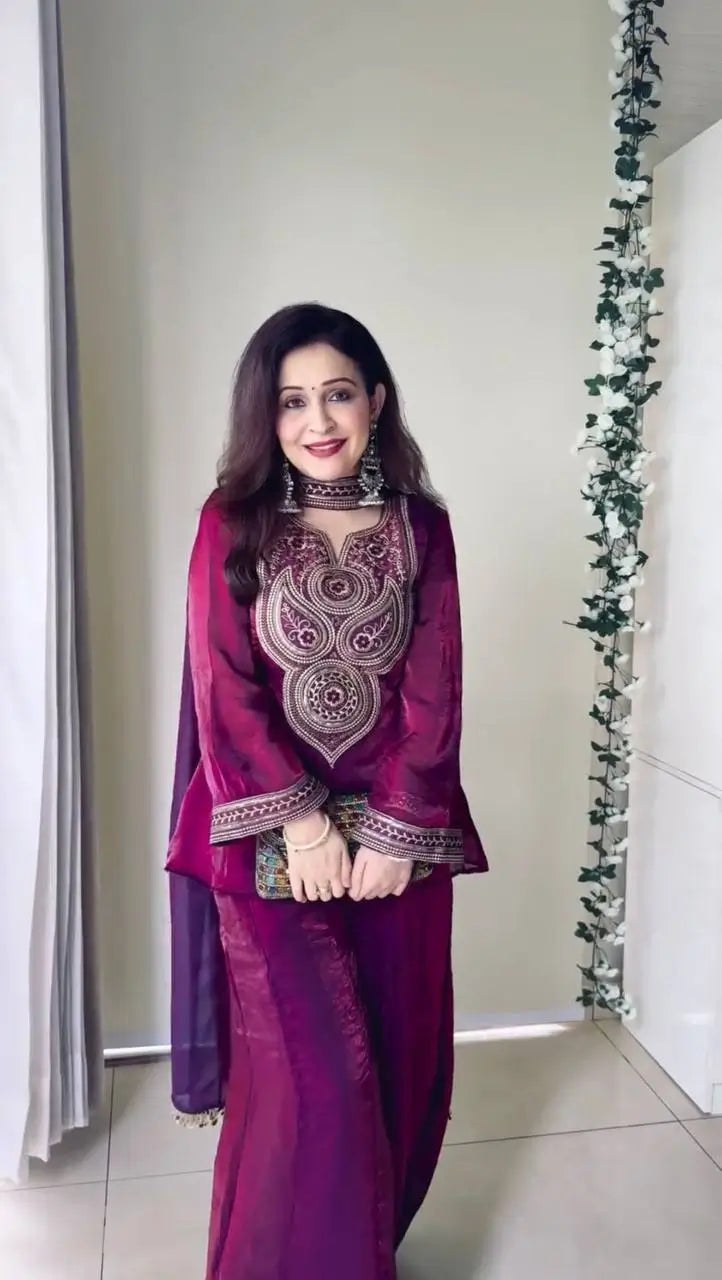 Wine Heavy Fendy Silk Embroidered Sharara Suit Set with Thread Sequins Dupatta | Festive Party Wear