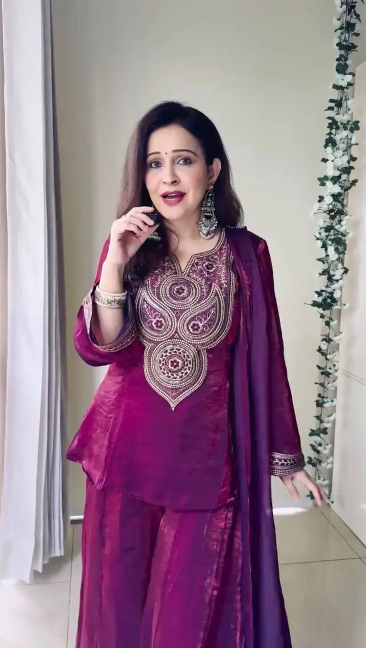 Wine Heavy Fendy Silk Embroidered Sharara Suit Set with Thread Sequins Dupatta | Festive Party Wear