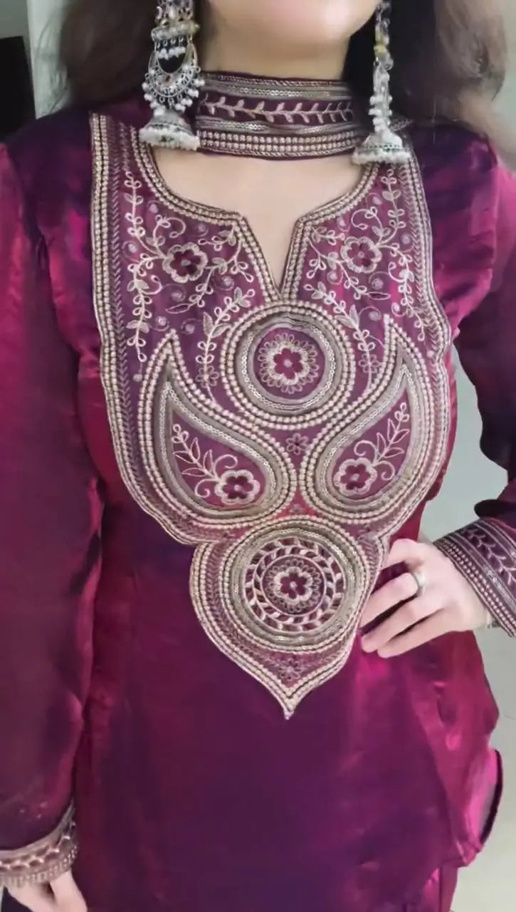 Wine Heavy Fendy Silk Embroidered Sharara Suit Set with Thread Sequins Dupatta | Festive Party Wear