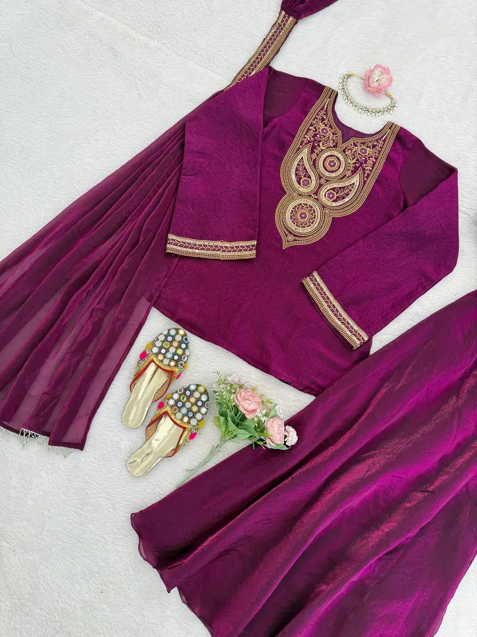 Wine Heavy Fendy Silk Embroidered Sharara Suit Set with Thread Sequins Dupatta | Festive Party Wear