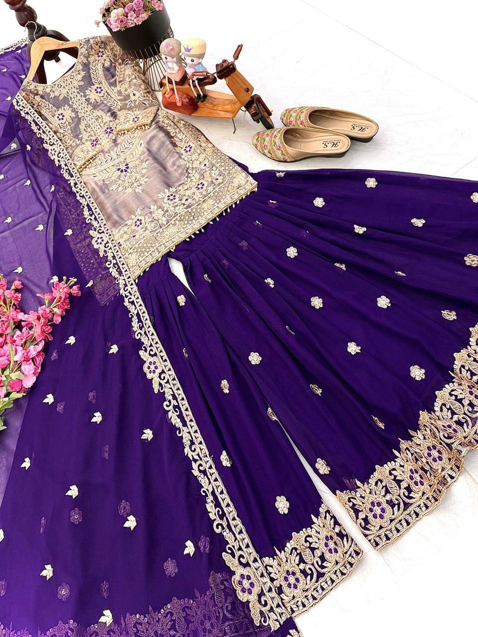 Wine Maroon Crunchy Silk Embroidered Kurti Palazzo Set for Wedding & Festive Wear