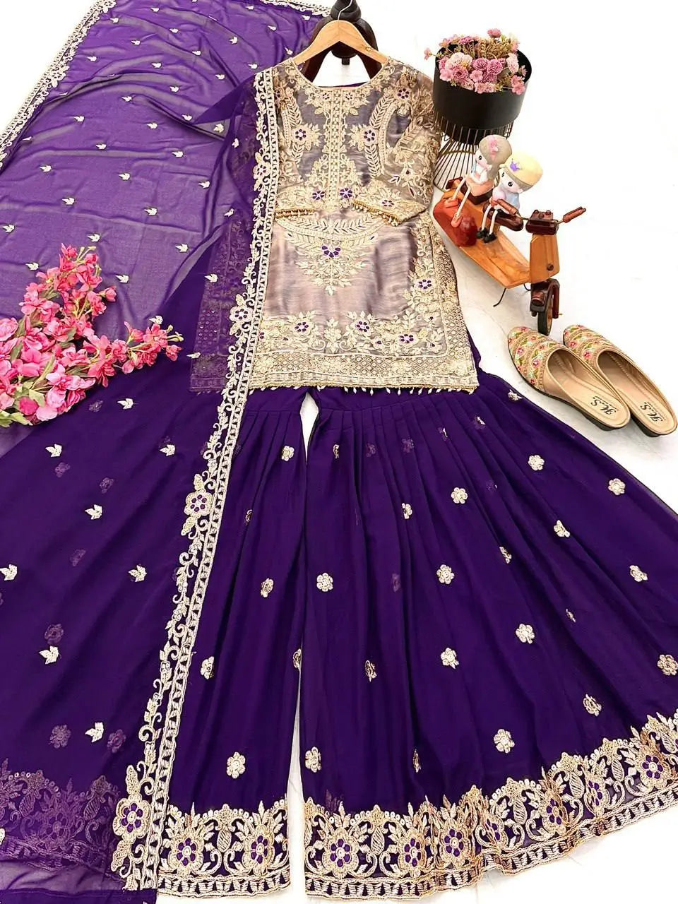 Wine Maroon Crunchy Silk Embroidered Kurti Palazzo Set for Wedding & Festive Wear
