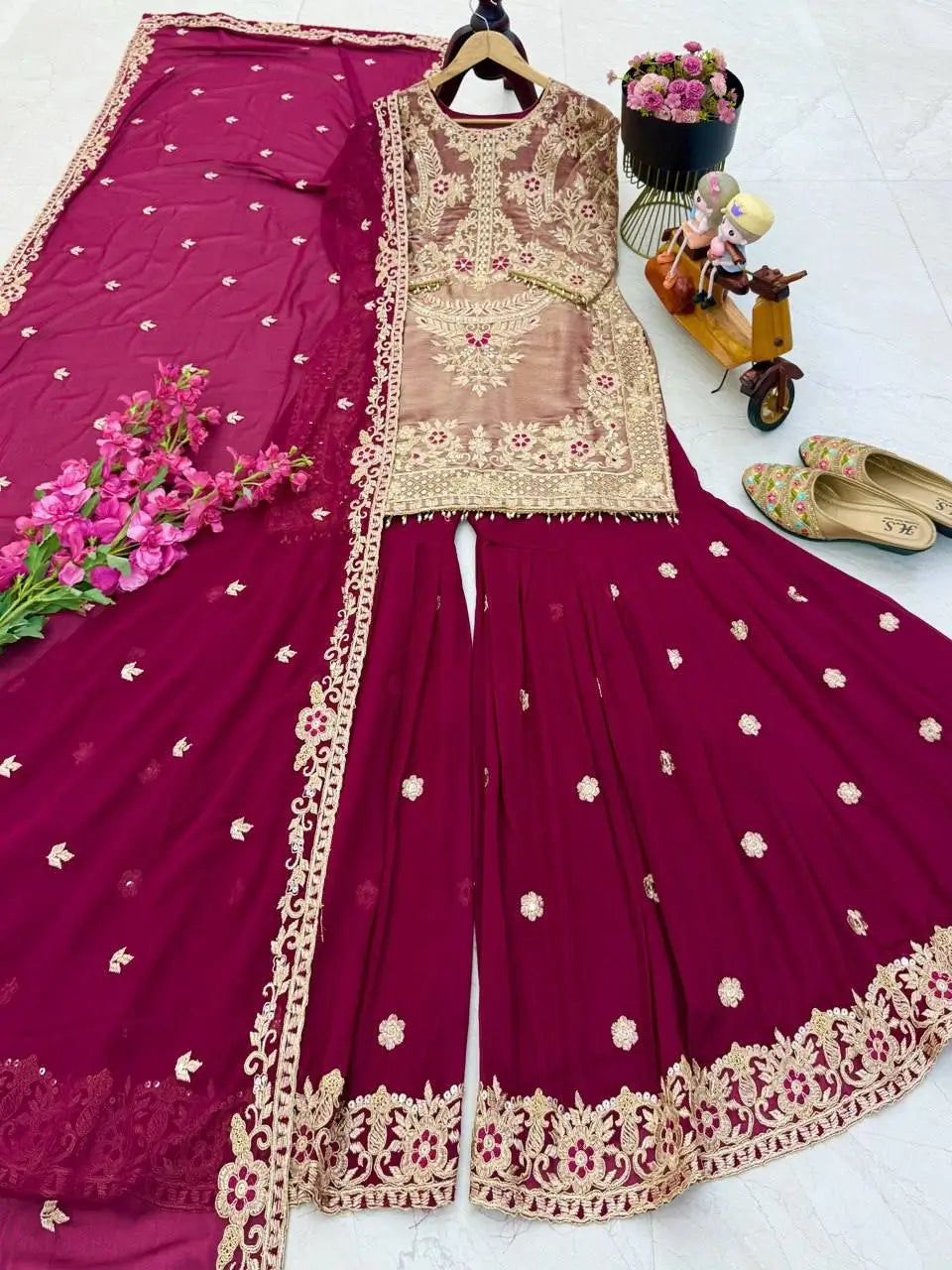 Wine Maroon Crunchy Silk Embroidered Kurti Palazzo Set for Wedding & Festive Wear