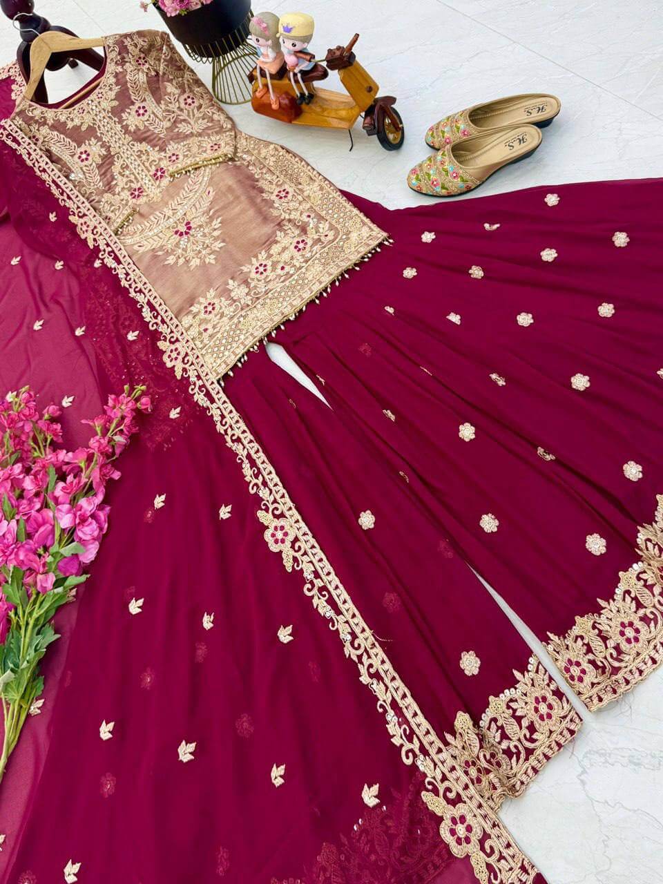Wine Maroon Crunchy Silk Embroidered Kurti Palazzo Set for Wedding & Festive Wear