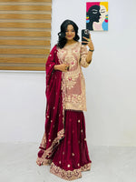 Wine Maroon Crunchy Silk Embroidered Kurti Palazzo Set for Wedding & Festive Wear