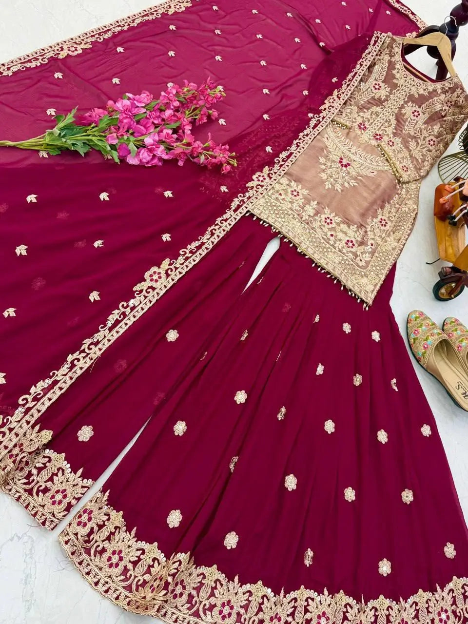 Wine Maroon Crunchy Silk Embroidered Kurti Palazzo Set for Wedding & Festive Wear