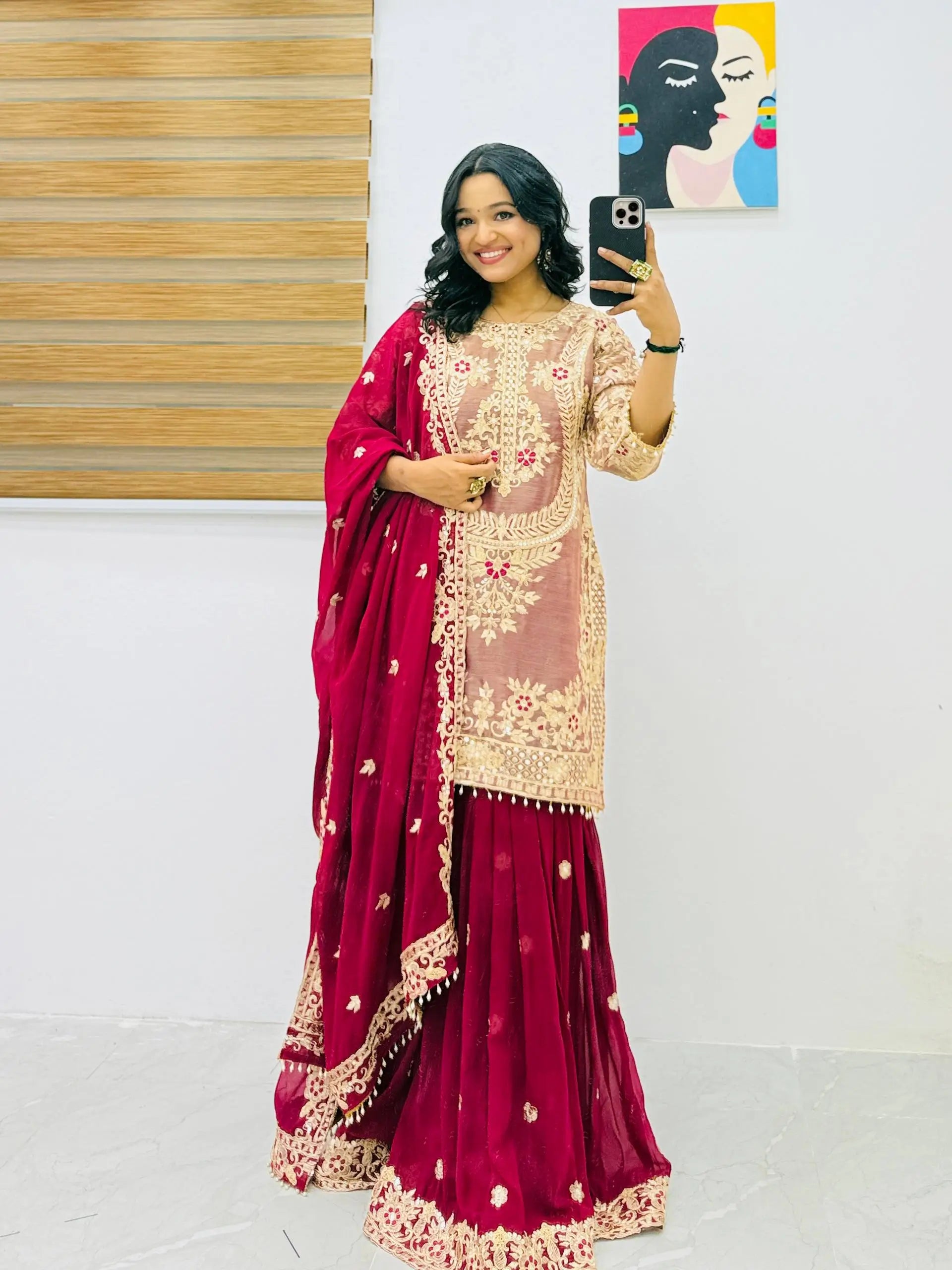 Wine Maroon Crunchy Silk Embroidered Kurti Palazzo Set for Wedding & Festive Wear