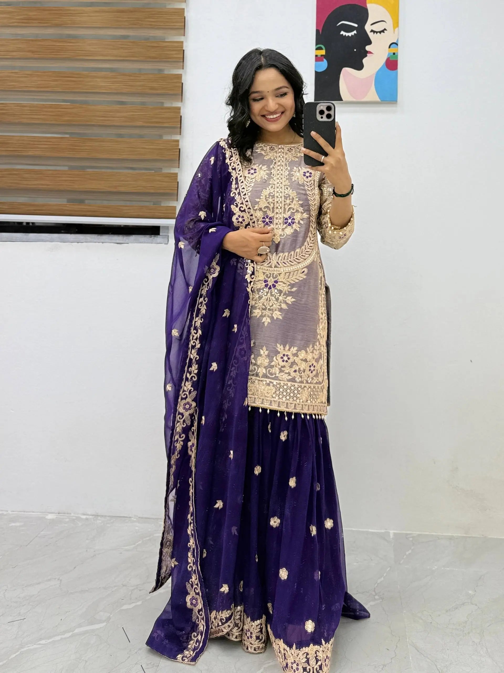 Wine Maroon Crunchy Silk Embroidered Kurti Palazzo Set for Wedding & Festive Wear