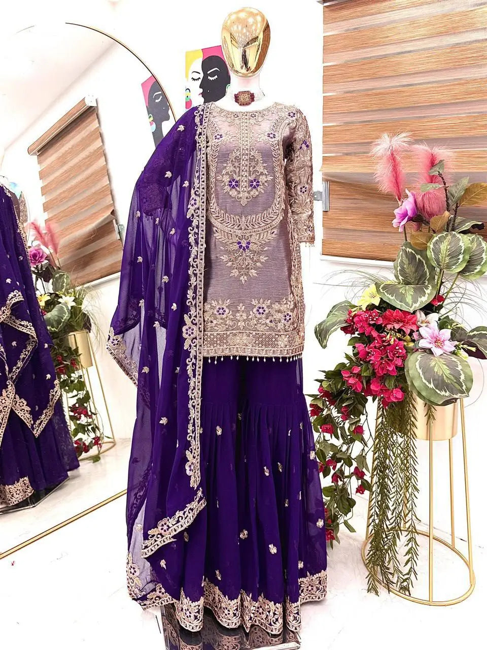 Wine Maroon Crunchy Silk Embroidered Kurti Palazzo Set for Wedding & Festive Wear