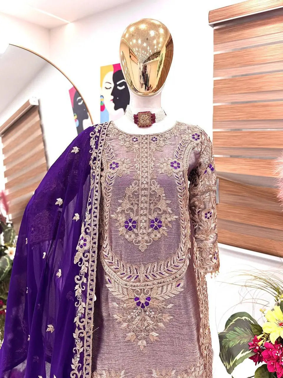 Wine Maroon Crunchy Silk Embroidered Kurti Palazzo Set for Wedding & Festive Wear