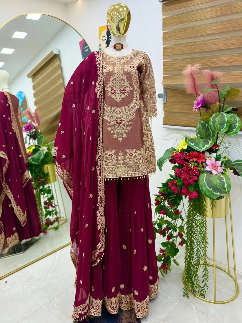 Wine Maroon Crunchy Silk Embroidered Kurti Palazzo Set for Wedding & Festive Wear