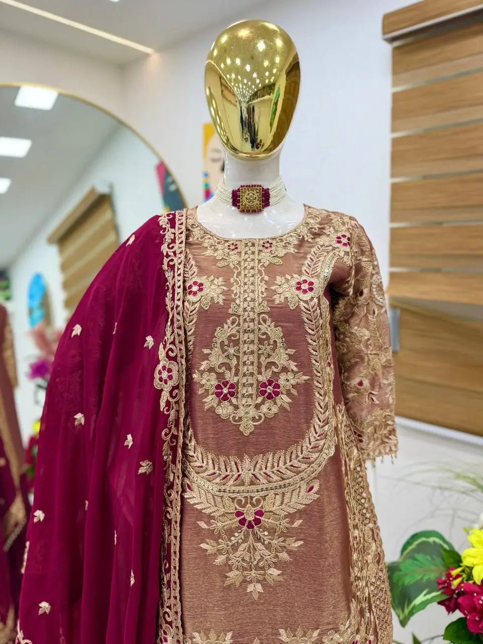 Wine Maroon Crunchy Silk Embroidered Kurti Palazzo Set for Wedding & Festive Wear