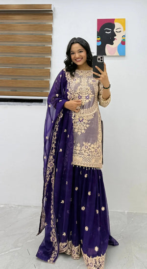 Wine Maroon Crunchy Silk Embroidered Kurti Palazzo Set for Wedding & Festive Wear