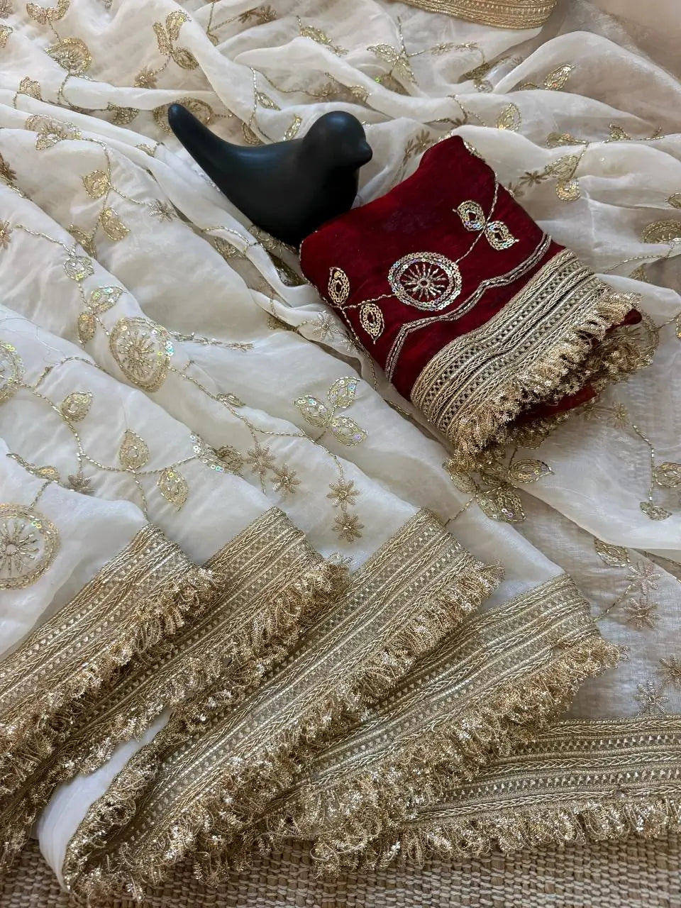 Wine Maroon & Ivory Peach Space Satin Bits Sequin Work Saree with Contrast Running Blouse