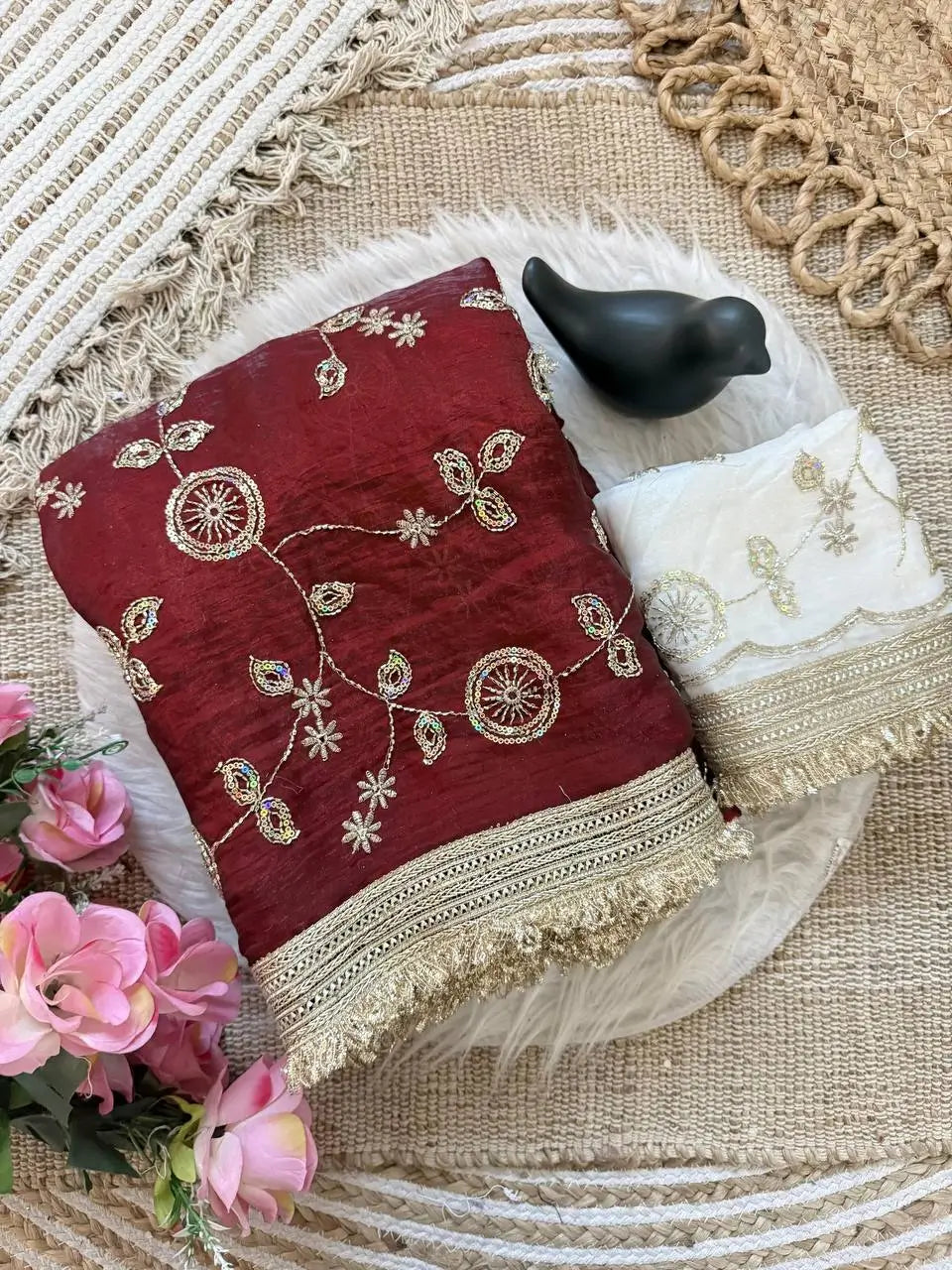 Wine Maroon & Ivory Peach Space Satin Bits Sequin Work Saree with Contrast Running Blouse