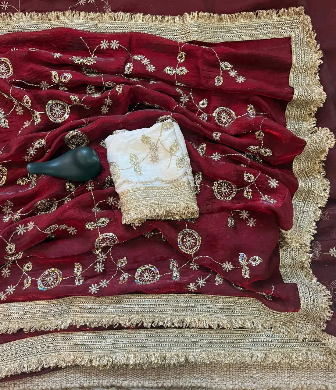 Wine Maroon & Ivory Peach Space Satin Bits Sequin Work Saree with Contrast Running Blouse