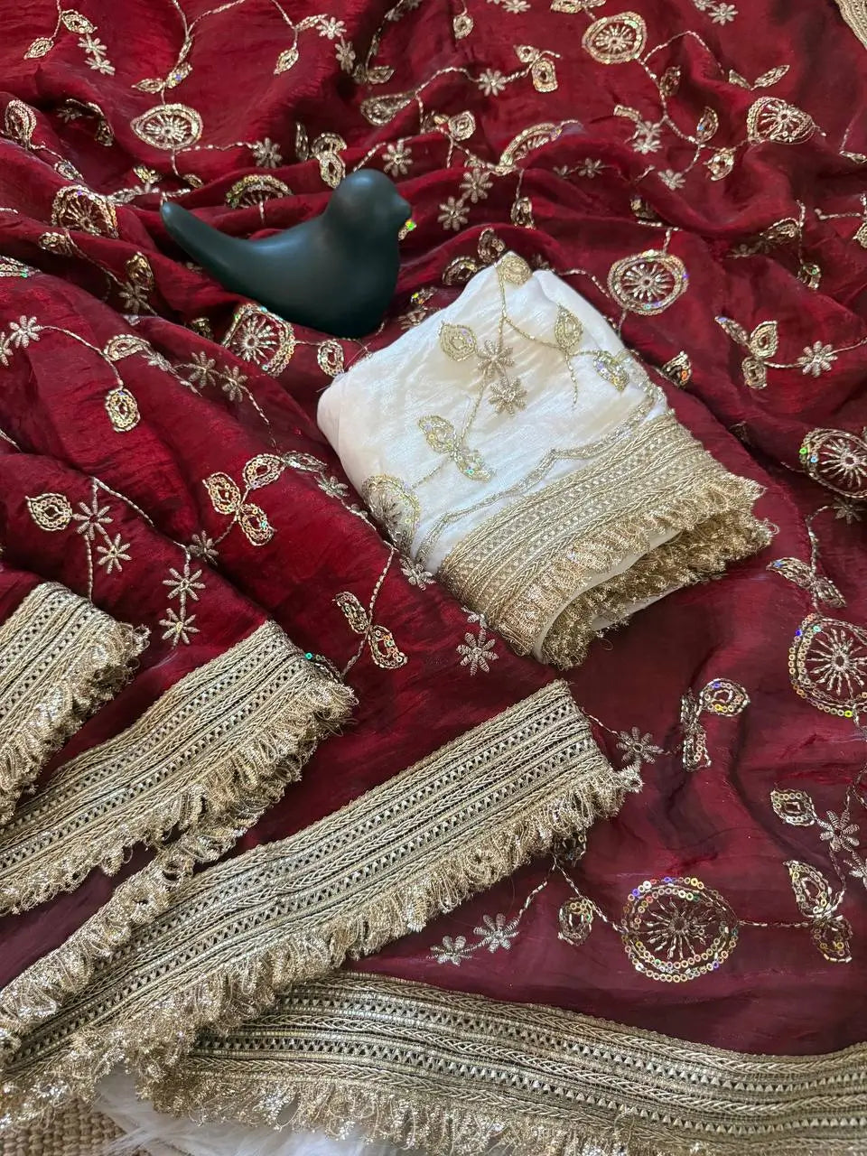 Wine Maroon & Ivory Peach Space Satin Bits Sequin Work Saree with Contrast Running Blouse