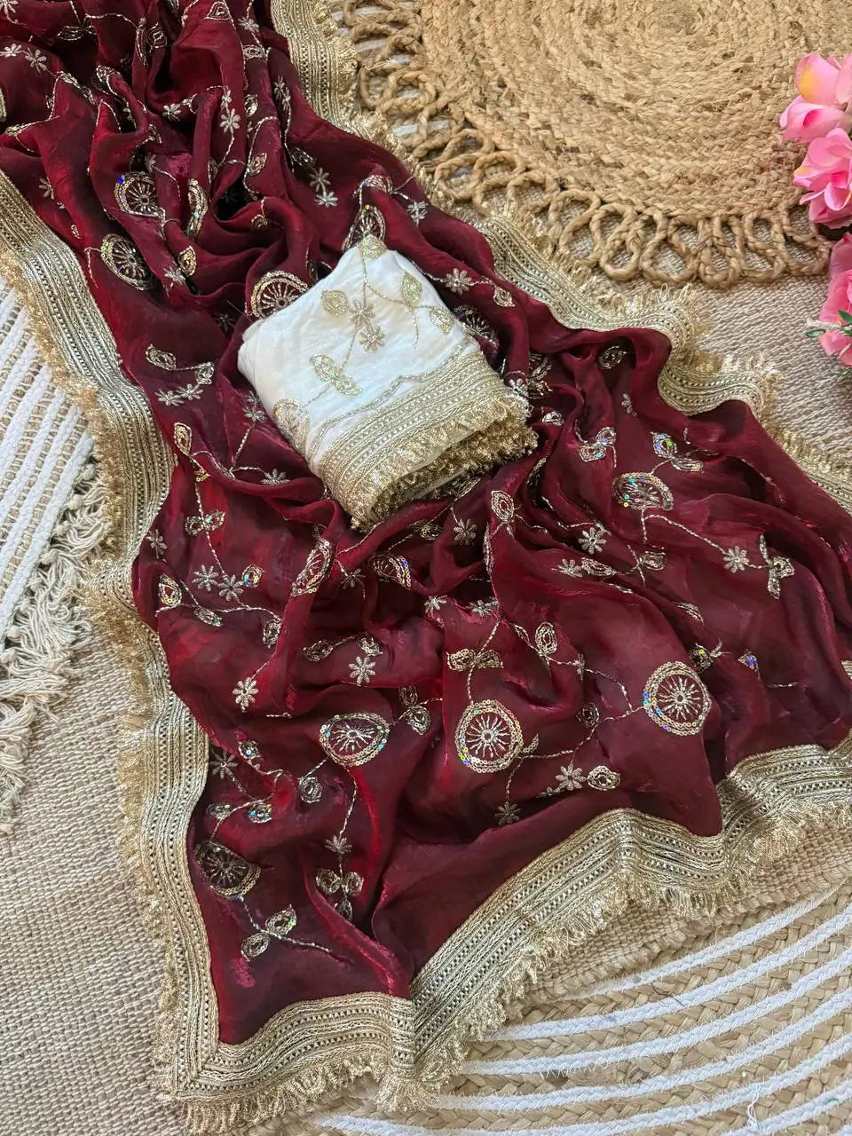 Wine Maroon & Ivory Peach Space Satin Bits Sequin Work Saree with Contrast Running Blouse