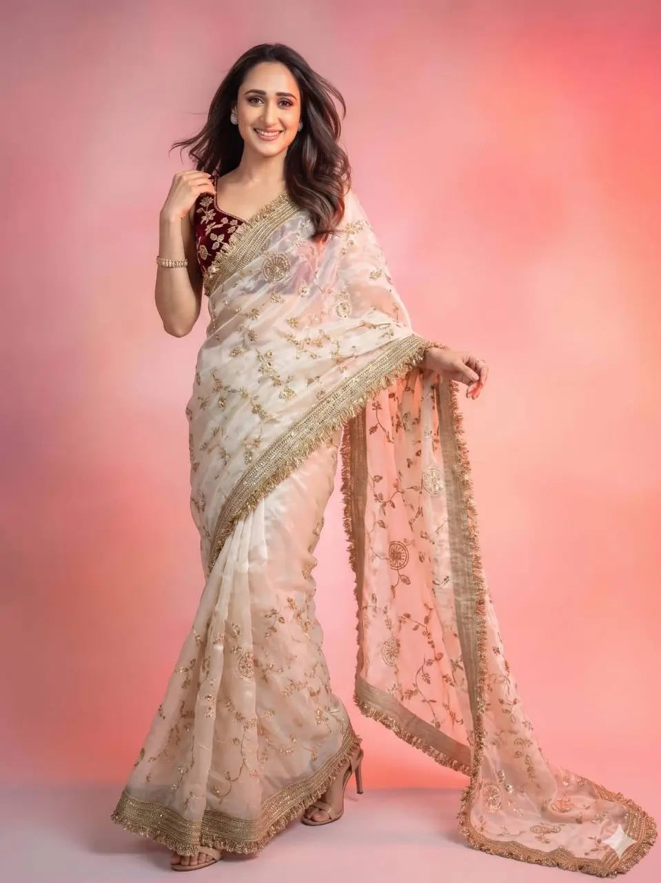 Wine Maroon & Ivory Peach Space Satin Bits Sequin Work Saree with Contrast Running Blouse