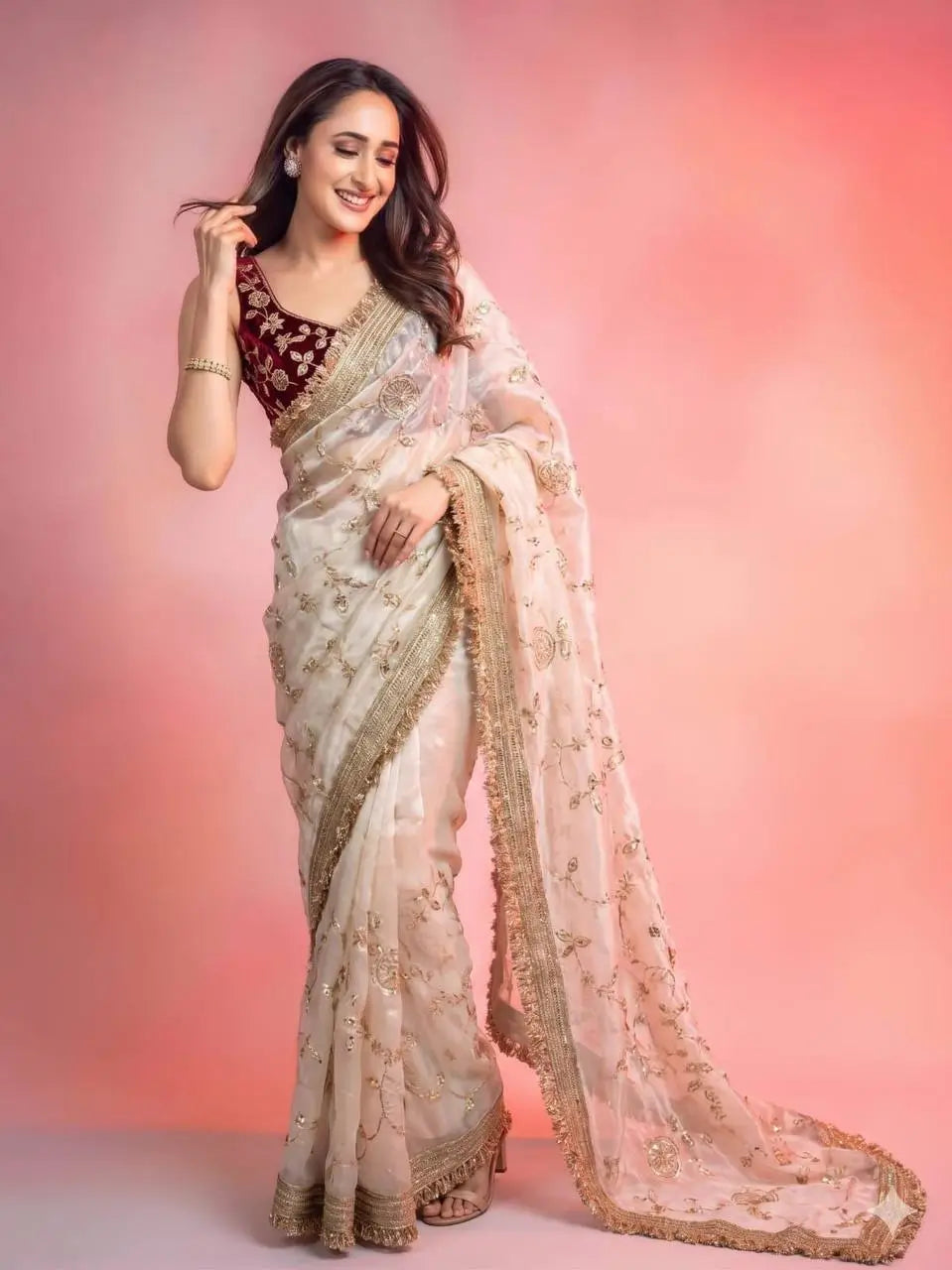 Wine Maroon & Ivory Peach Space Satin Bits Sequin Work Saree with Contrast Running Blouse