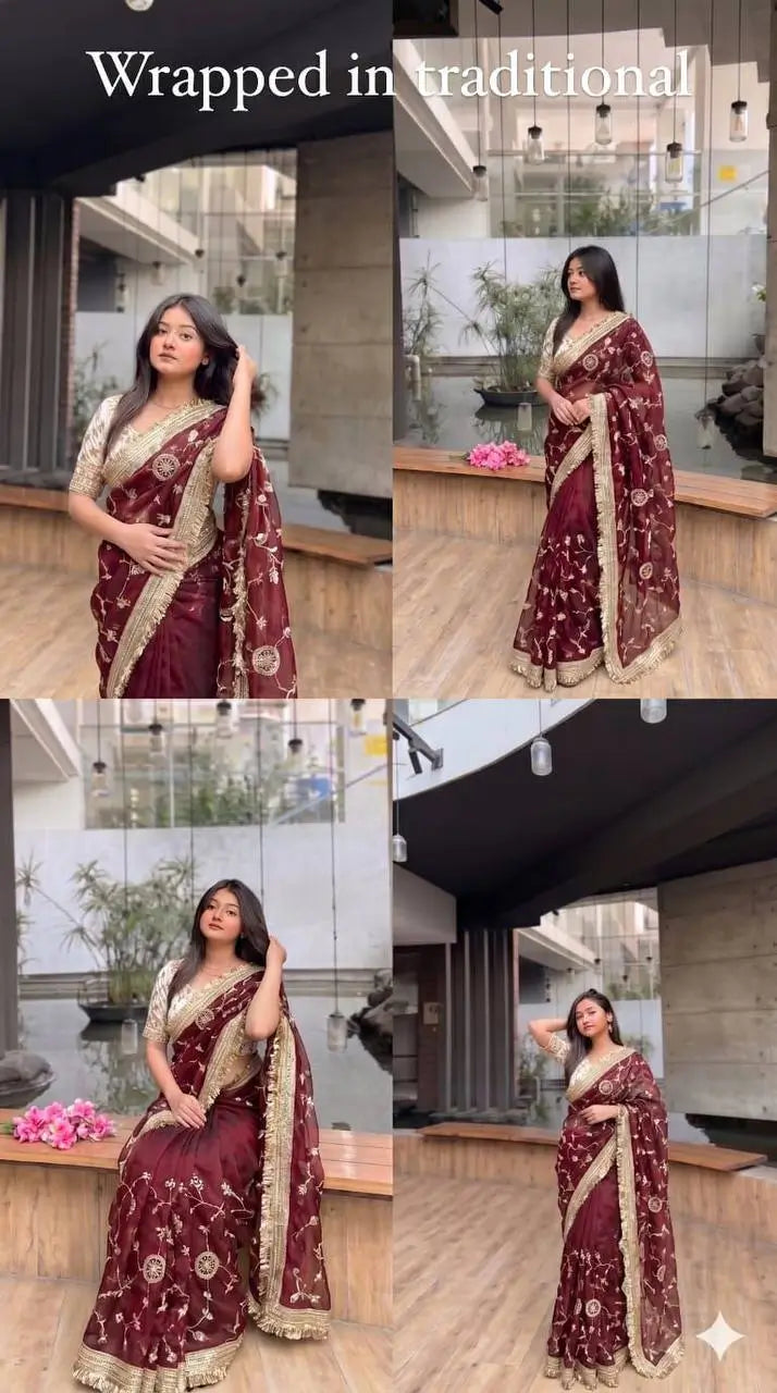 Wine Maroon & Ivory Peach Space Satin Bits Sequin Work Saree with Contrast Running Blouse