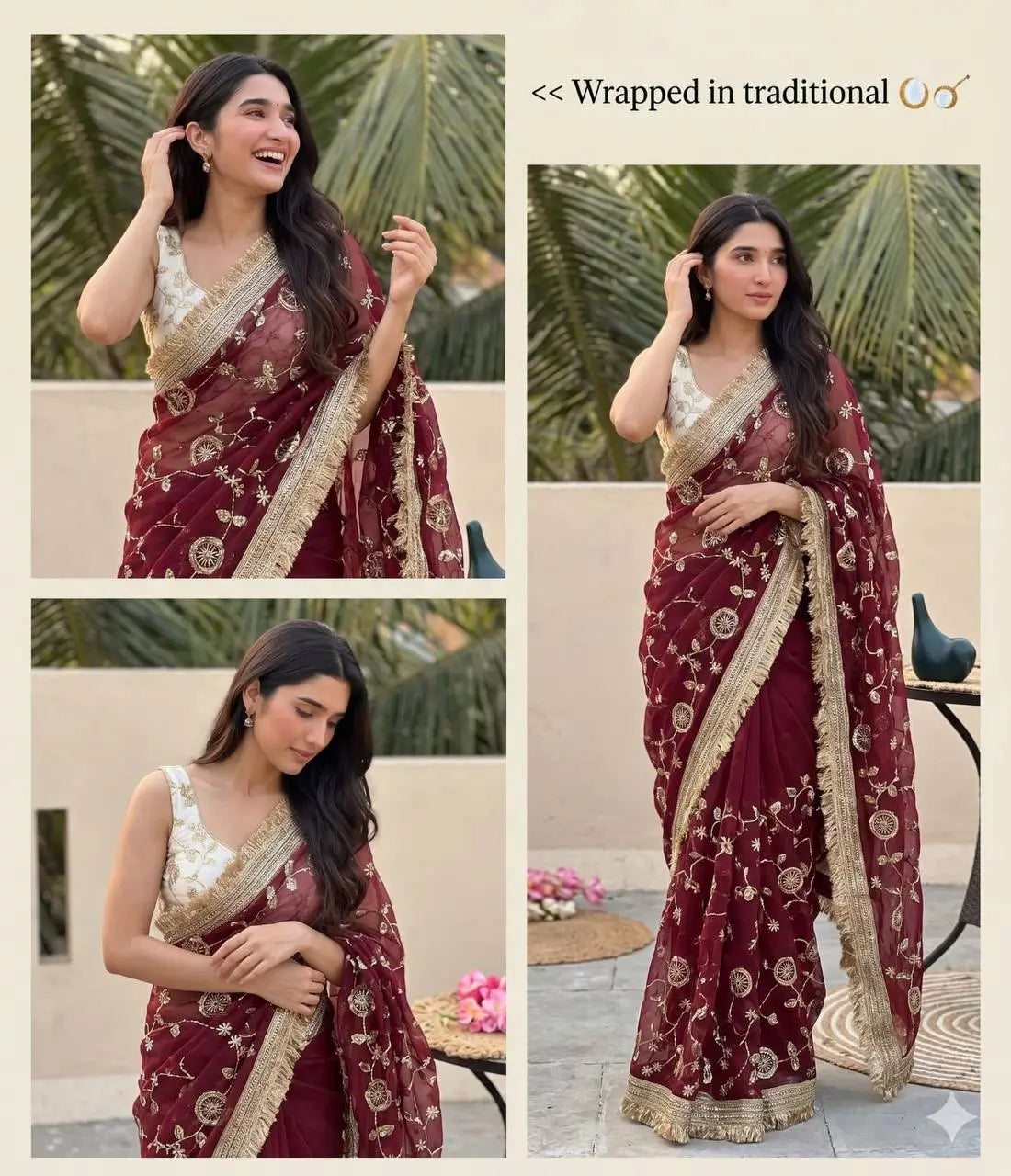 Wine Maroon & Ivory Peach Space Satin Bits Sequin Work Saree with Contrast Running Blouse