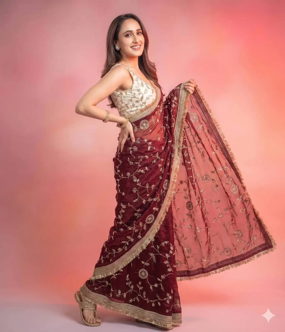 Wine Maroon & Ivory Peach Space Satin Bits Sequin Work Saree with Contrast Running Blouse