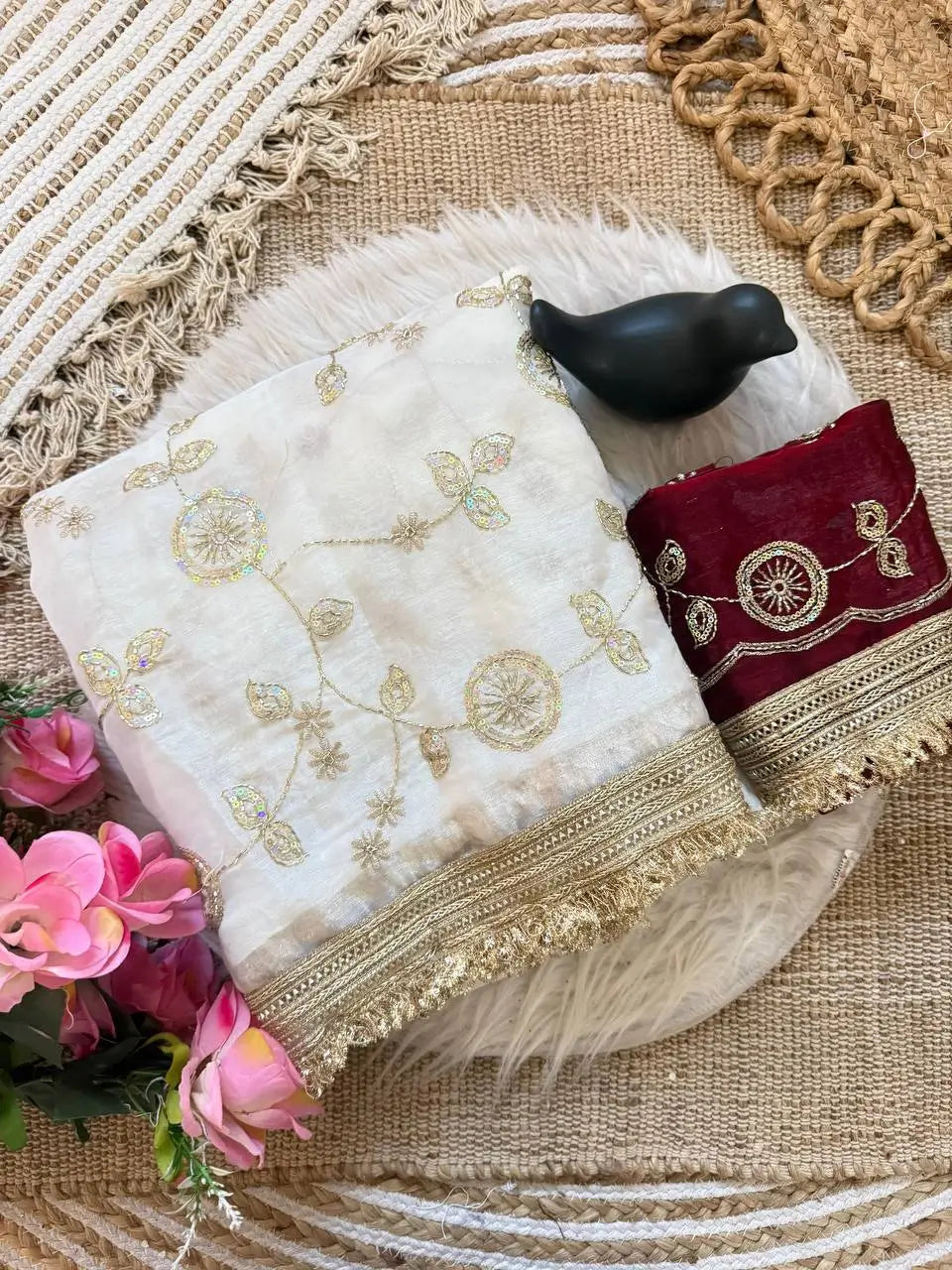 Wine Maroon & Ivory Peach Space Satin Bits Sequin Work Saree with Contrast Running Blouse