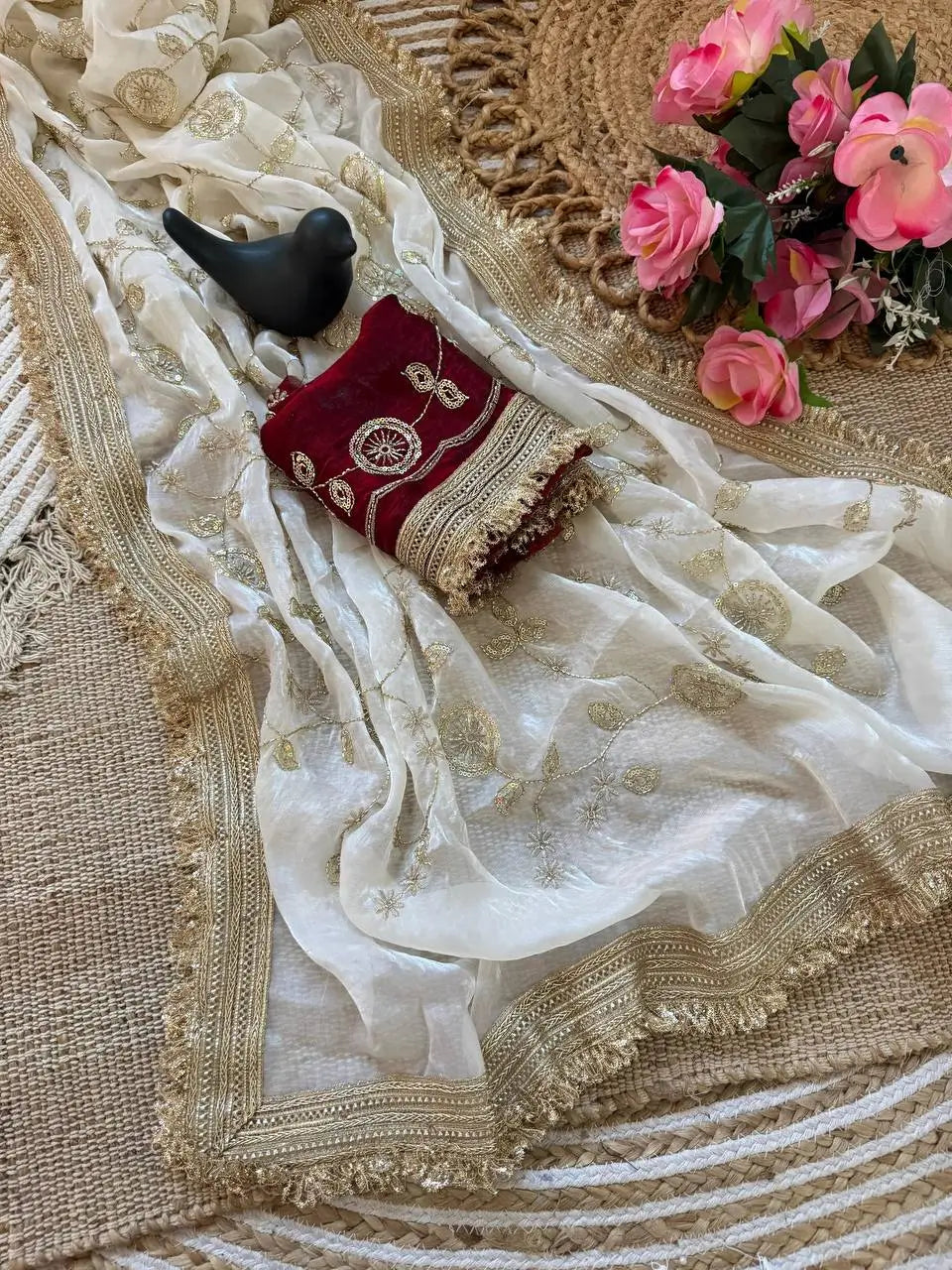 Wine Maroon & Ivory Peach Space Satin Bits Sequin Work Saree with Contrast Running Blouse