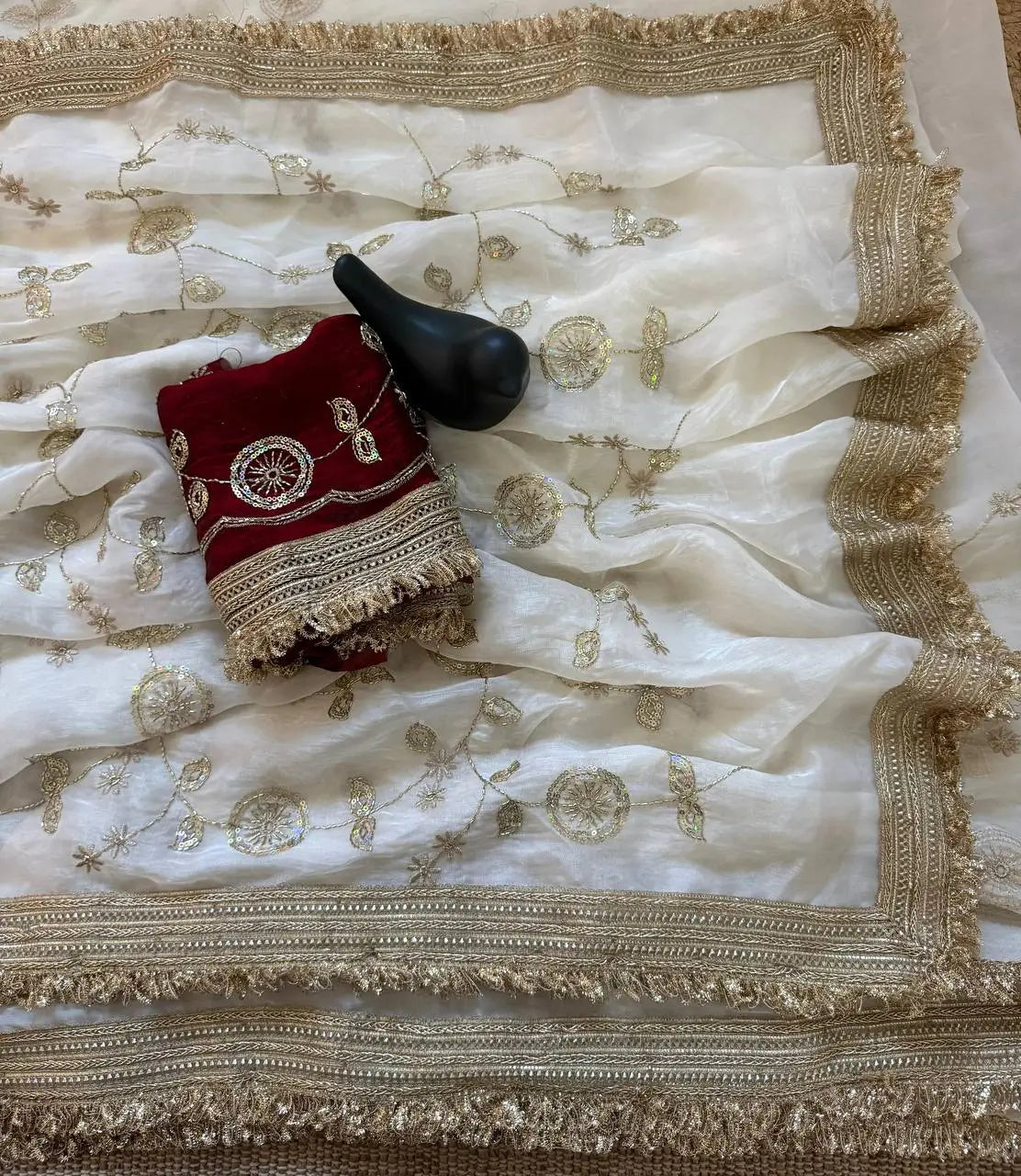 Wine Maroon & Ivory Peach Space Satin Bits Sequin Work Saree with Contrast Running Blouse