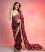 Wine Maroon & Ivory Peach Space Satin Bits Sequin Work Saree with Contrast Running Blouse