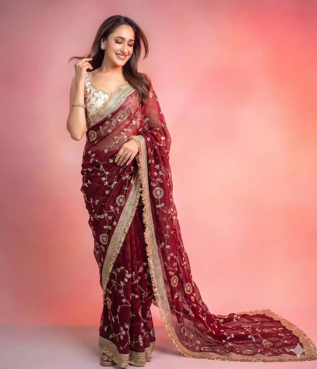 Wine Maroon & Ivory Peach Space Satin Bits Sequin Work Saree with Contrast Running Blouse