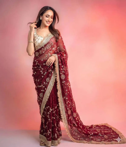 Wine Maroon & Ivory Peach Space Satin Bits Sequin Work Saree with Contrast Running Blouse