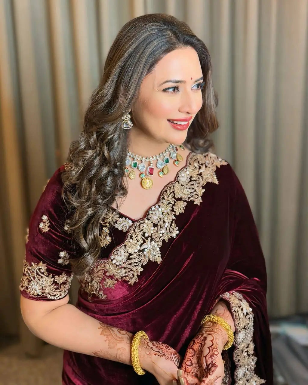 Wine Maroon Velvet Saree with Sequin Jari Embroidery