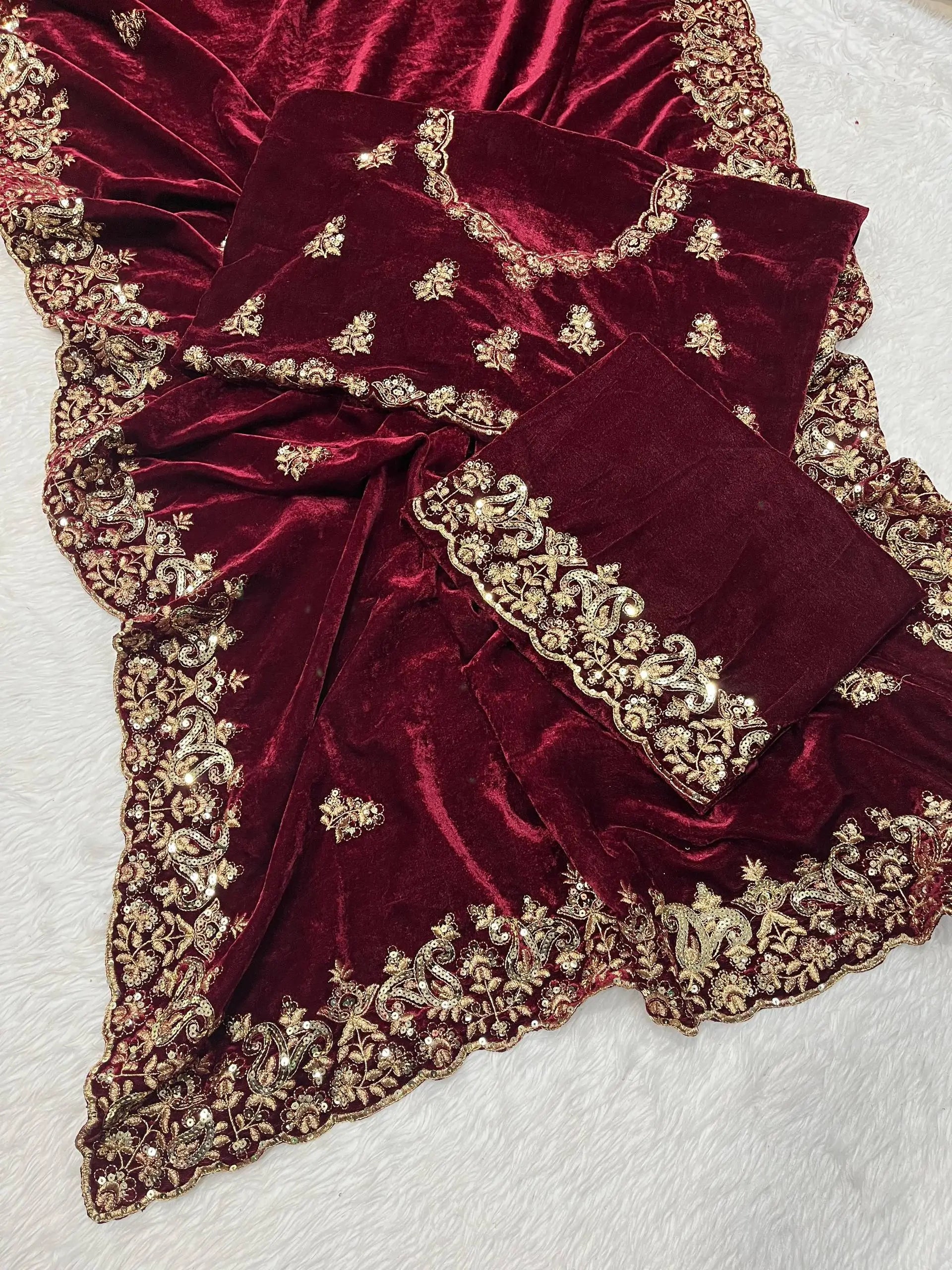 Wine Maroon Velvet Saree with Sequin Jari Embroidery