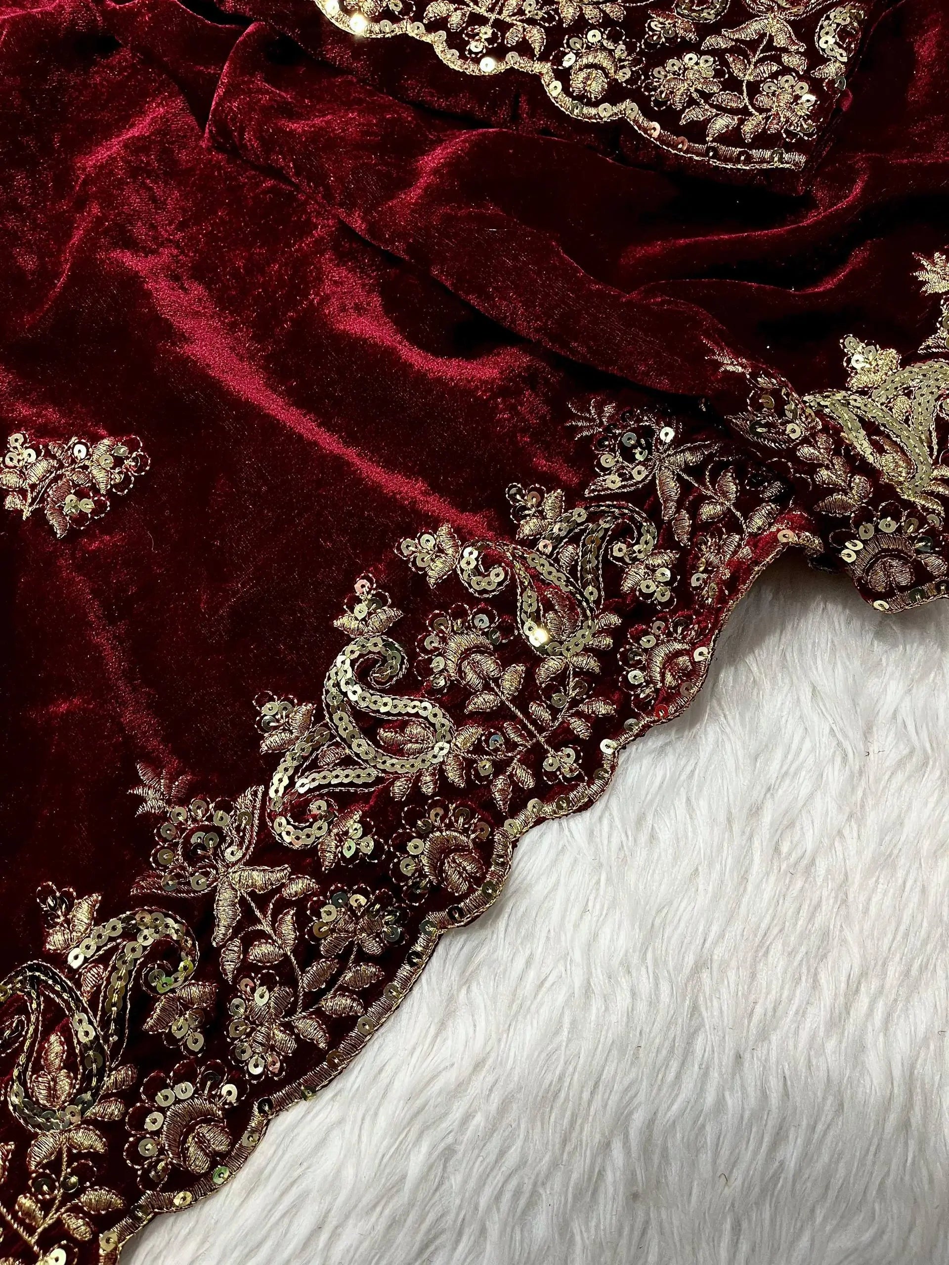 Wine Maroon Velvet Saree with Sequin Jari Embroidery