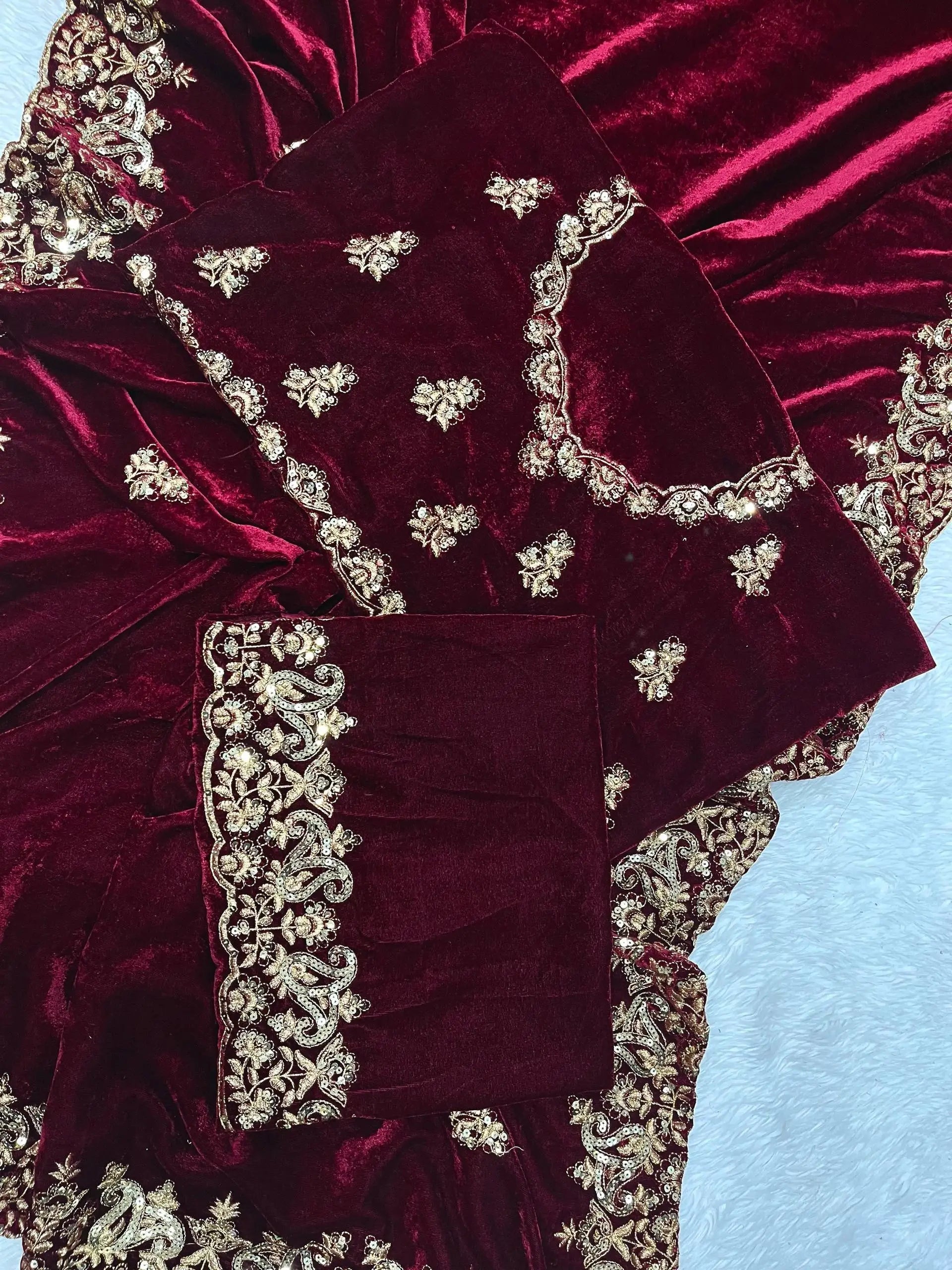 Wine Maroon Velvet Saree with Sequin Jari Embroidery