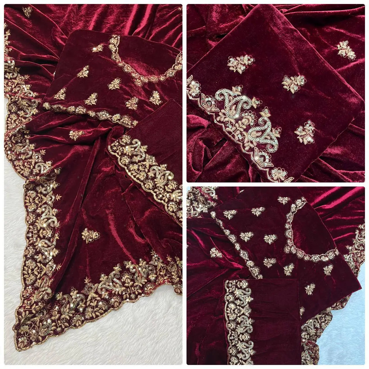 Wine Maroon Velvet Saree with Sequin Jari Embroidery