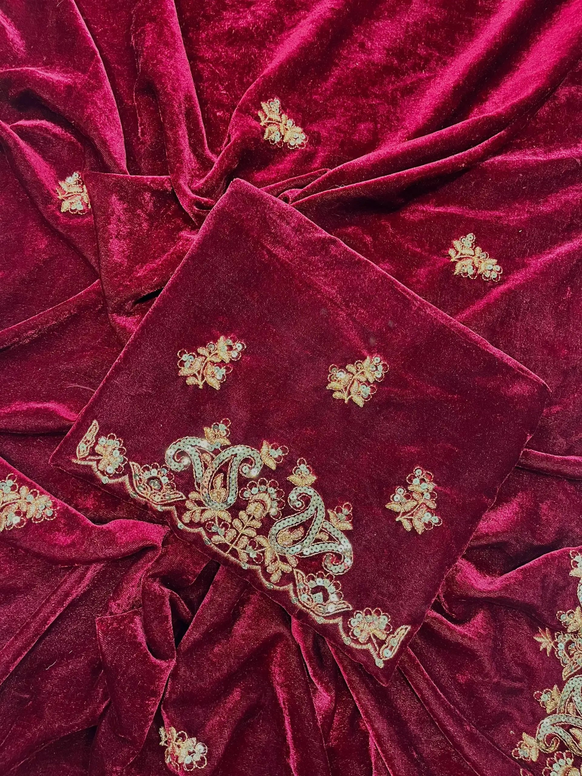 Wine Maroon Velvet Saree with Sequin Jari Embroidery