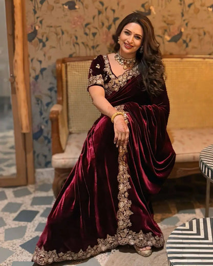 Wine Maroon Velvet Saree with Sequin Jari Embroidery