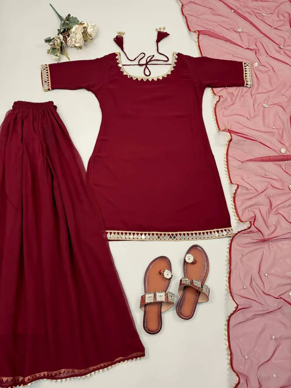 Wine Mirror Work Georgette Palazzo Set